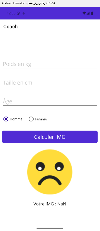 Aperçu de l'application Coach v1 sur émulateur Android